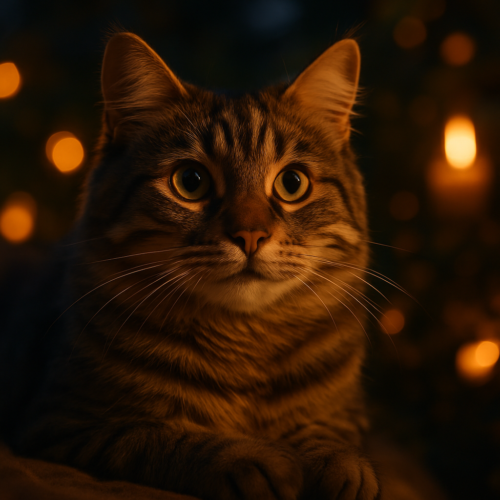 A tabby cat exploring a garden at twilight
