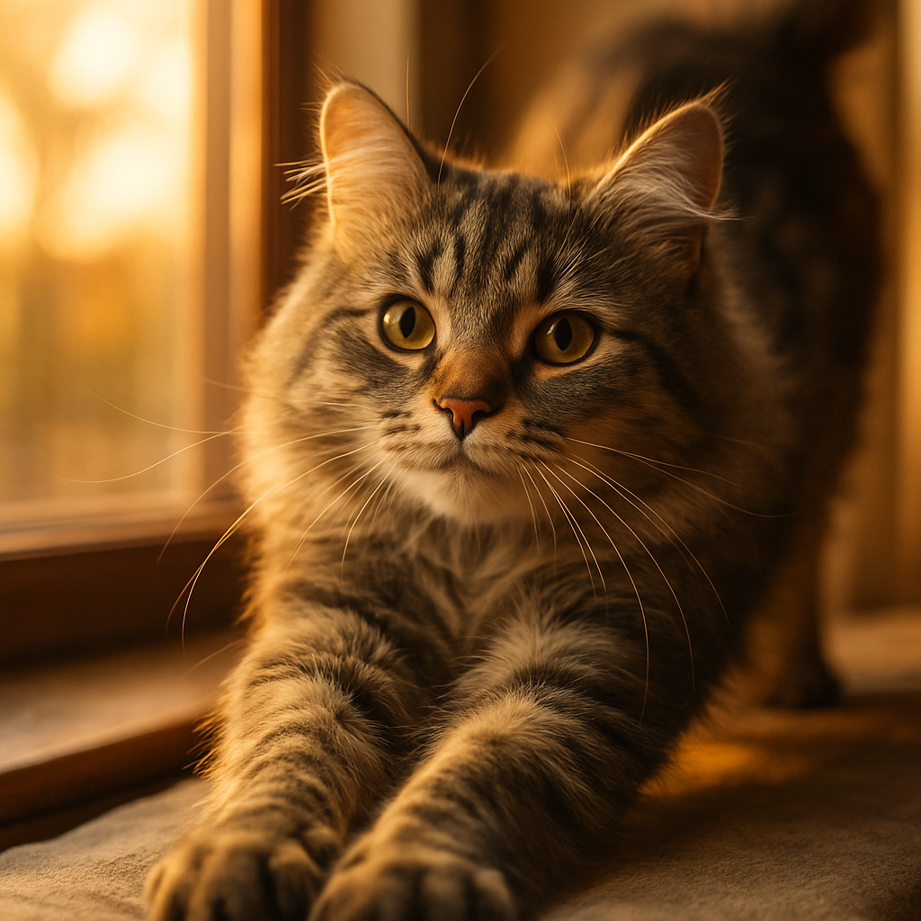 A fluffy gray tabby cat stretching by a sunny window