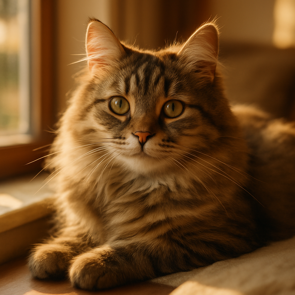 A fluffy tabby cat napping on a sunny windowsill.