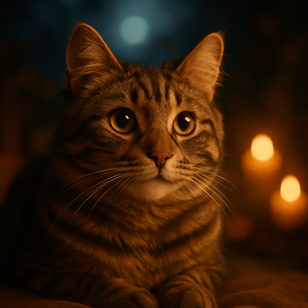 Curious tabby cat under a moonlit garden sky