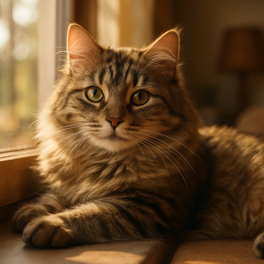 Fluffy tabby cat napping on a sunny windowsill
