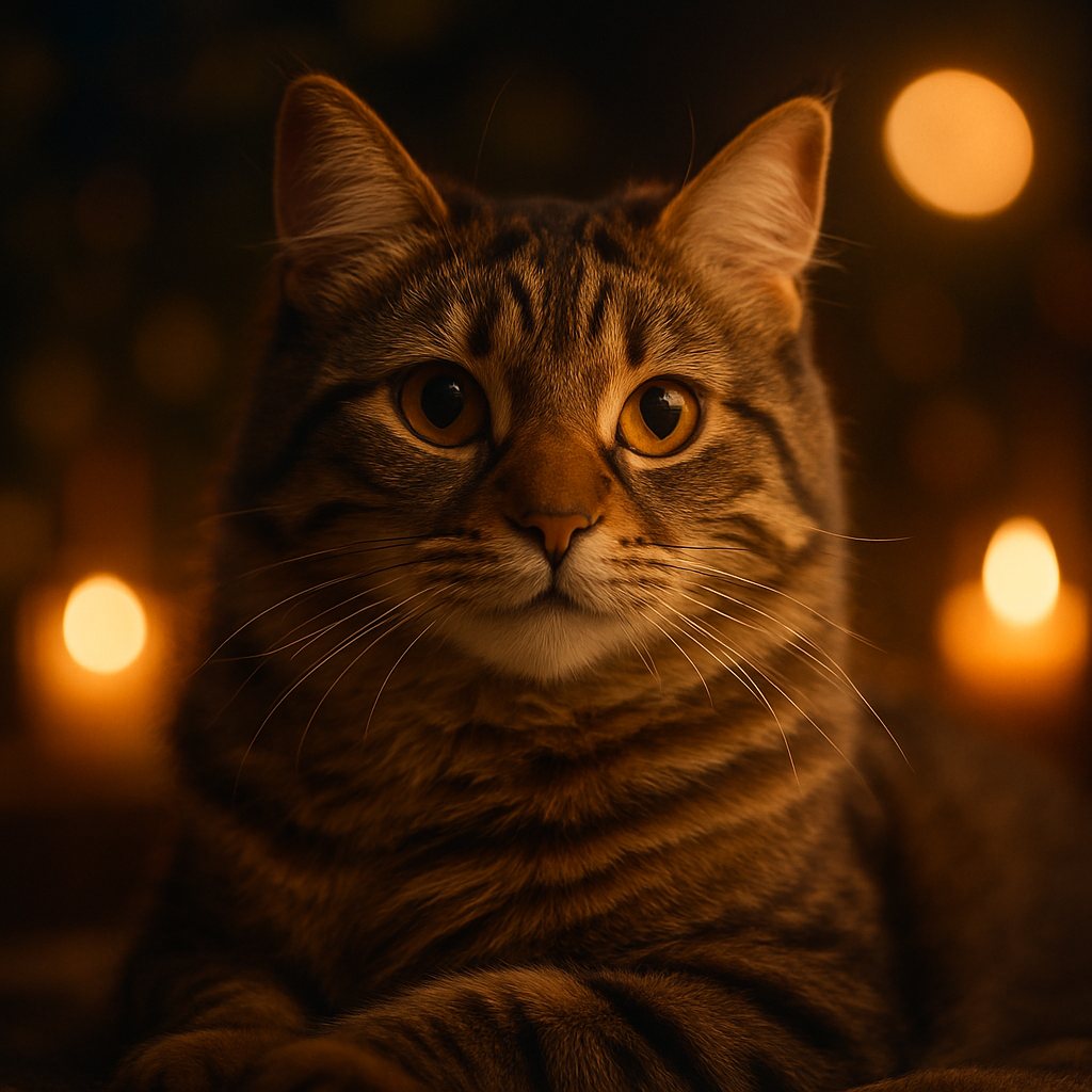 A curious tabby cat under a full moon in a garden.