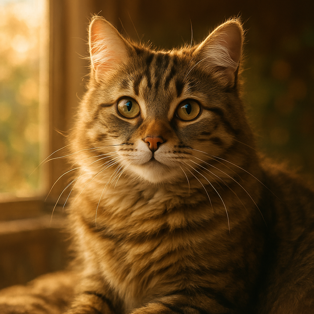 A tabby cat enjoying a sunny morning in the garden.