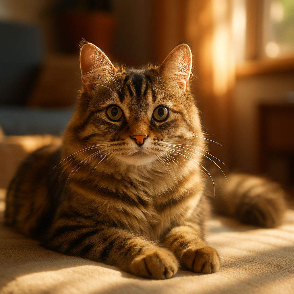 A tabby cat with a white-tipped tail lounging in the sun