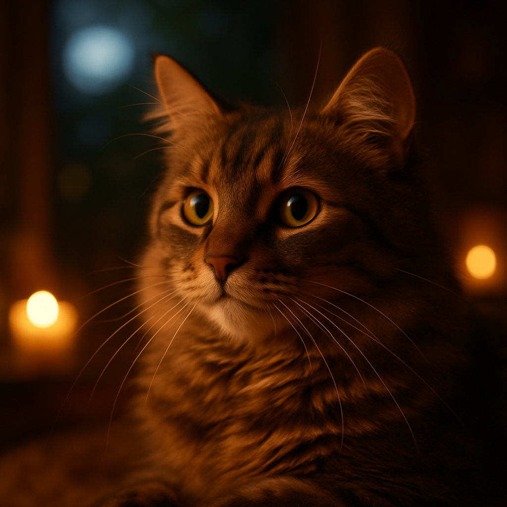 Whiskers the cat exploring a moonlit garden