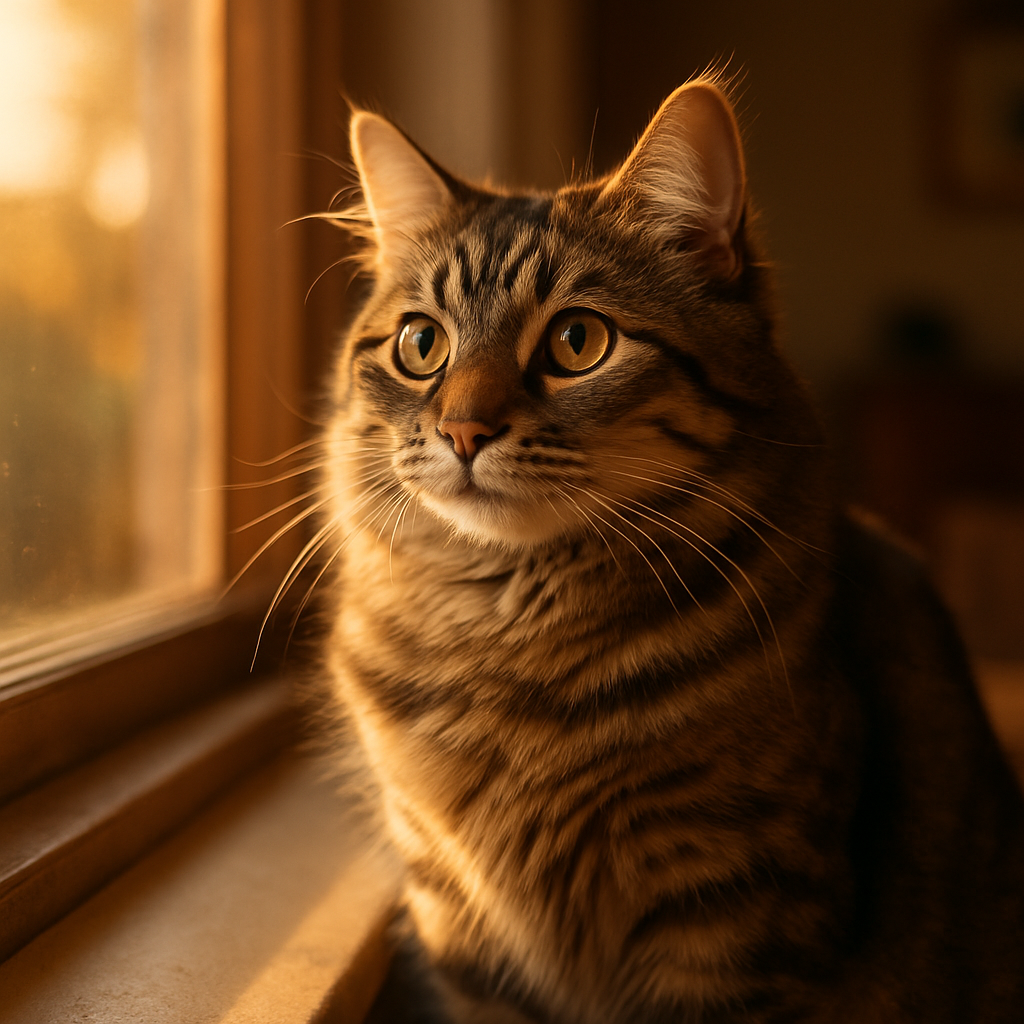 A tabby cat named Milo enjoying a sunny window ledge.
