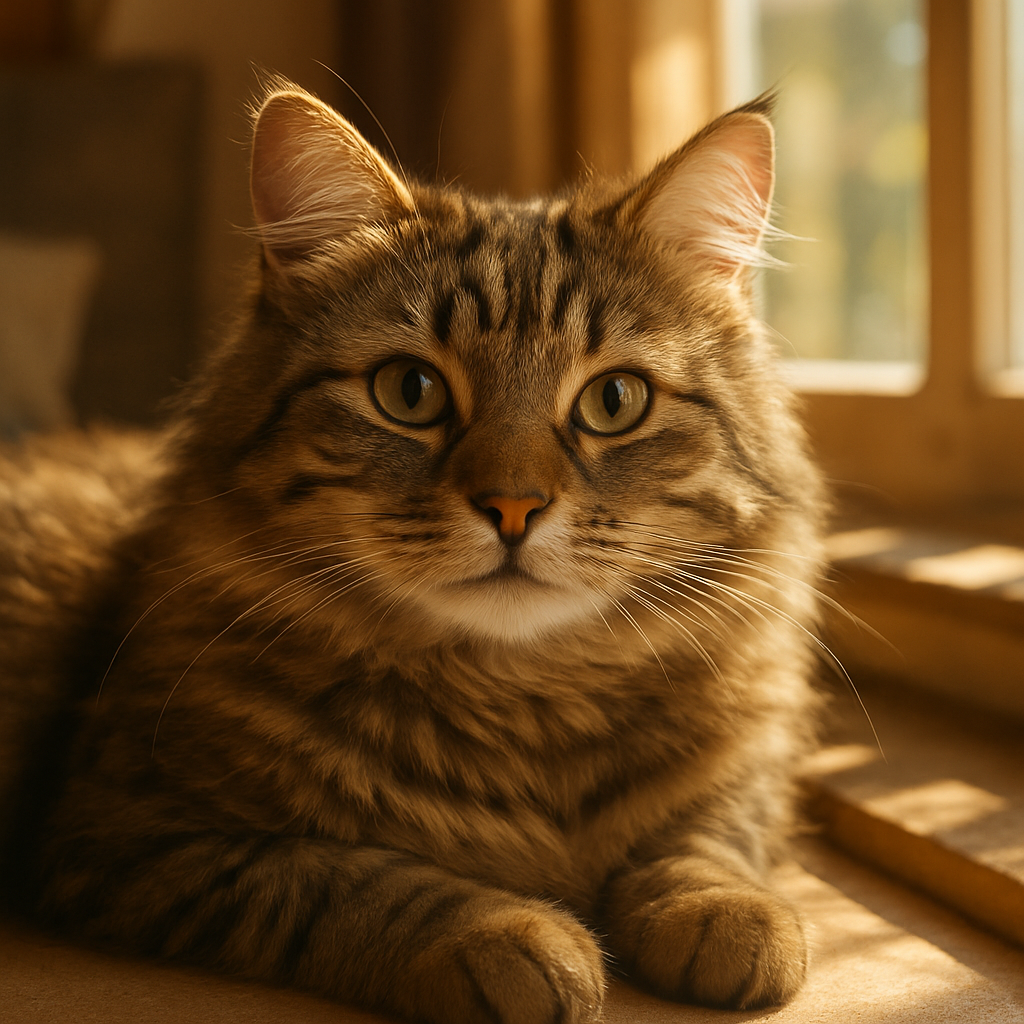 A fluffy tabby cat napping on a sunny windowsill.