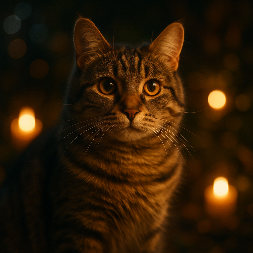Tabby cat exploring a moonlit garden.