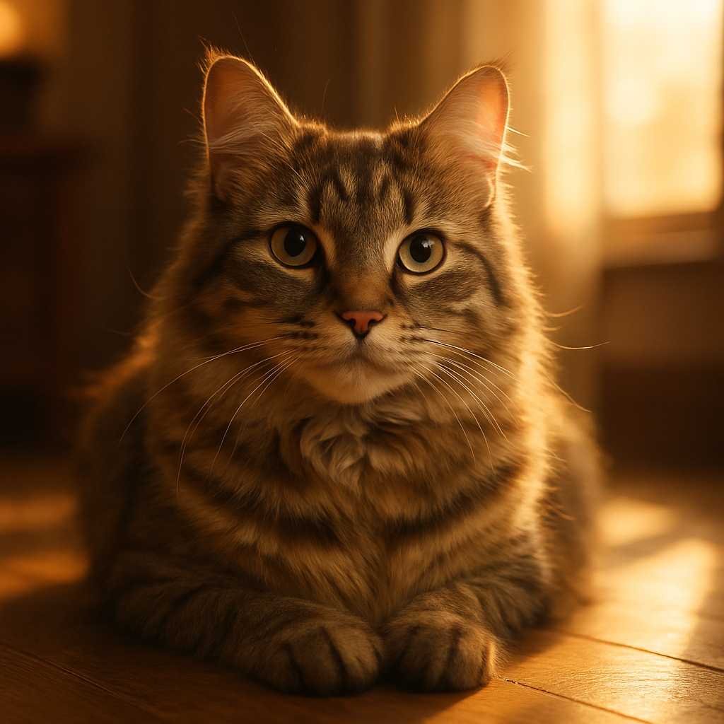 A tabby cat basking in a sunbeam on a wooden floor.