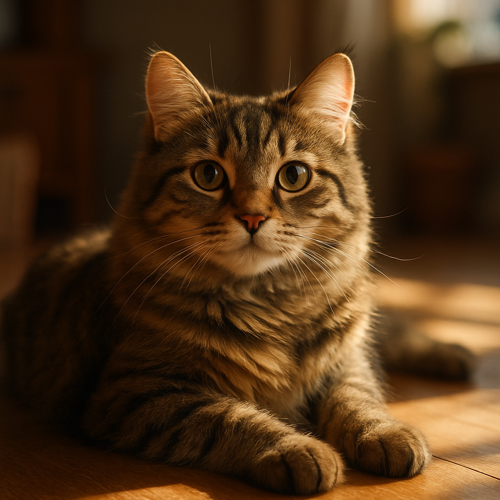 Tabby cat lounging in a sunbeam on a wooden floor