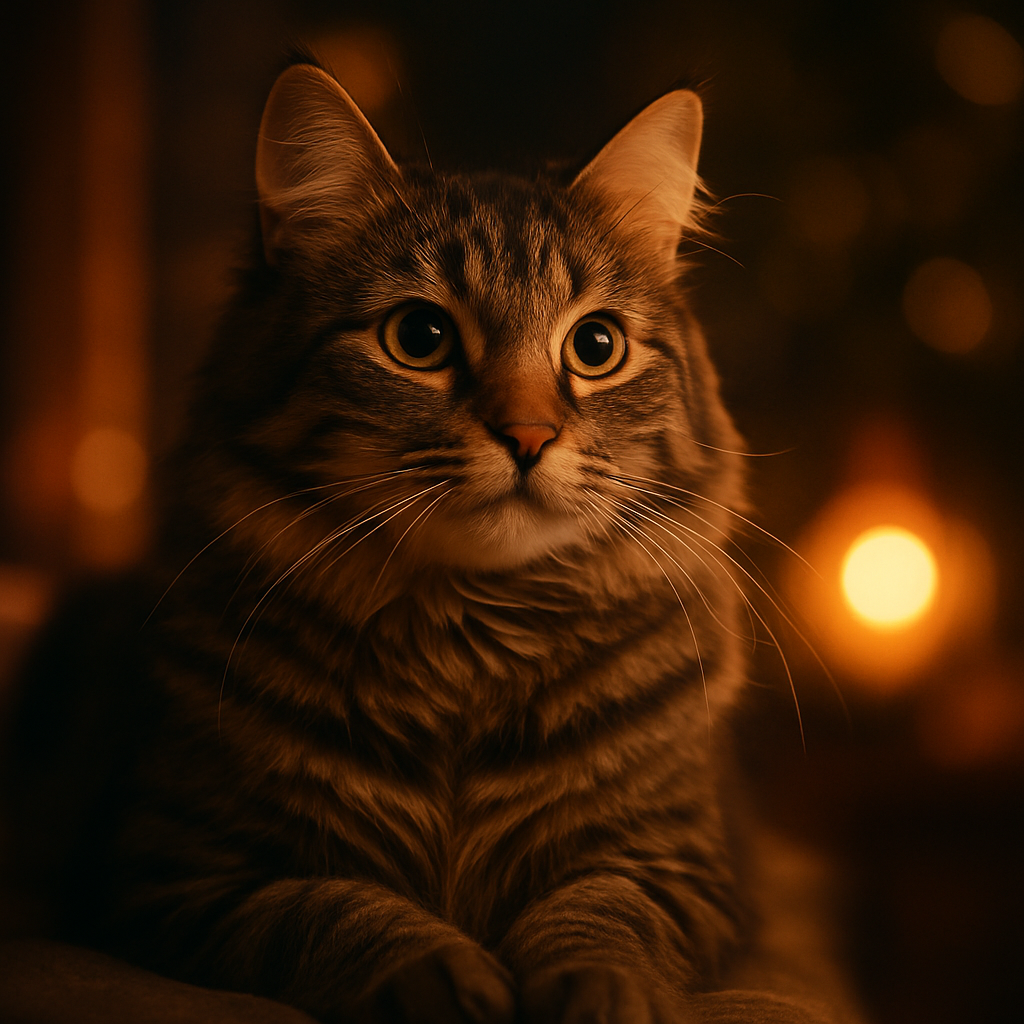 A tabby cat exploring a moonlit garden