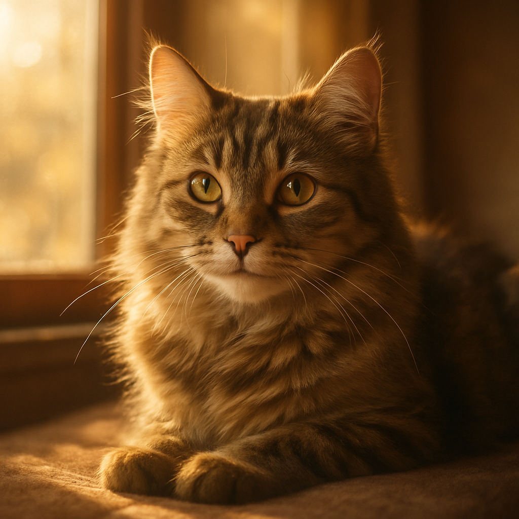 Tabby cat basking in morning sunlight on a windowsill