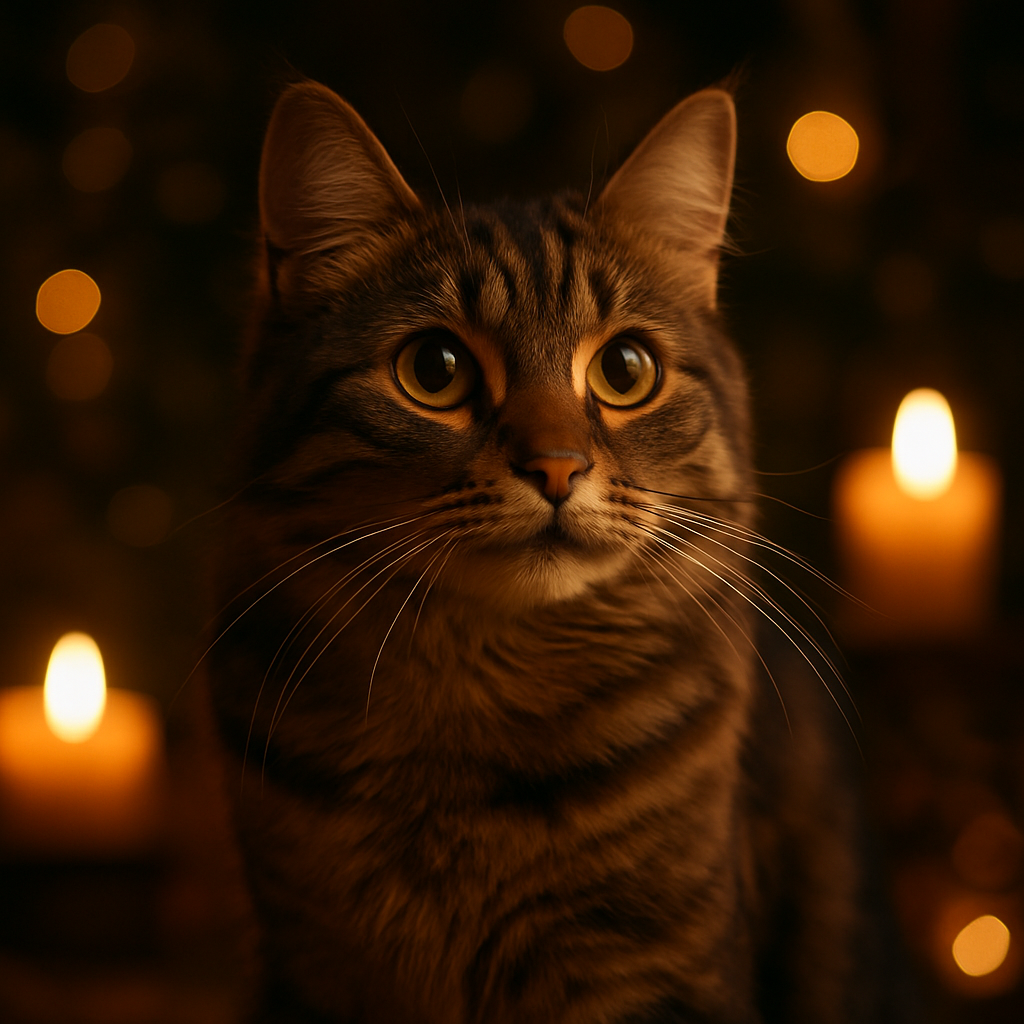 Curious tabby cat exploring a moonlit garden.