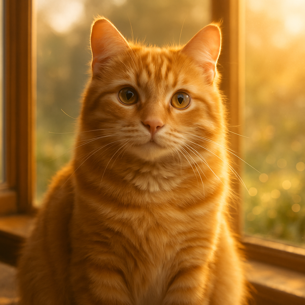 Ginger tabby cat exploring a dewy morning garden.