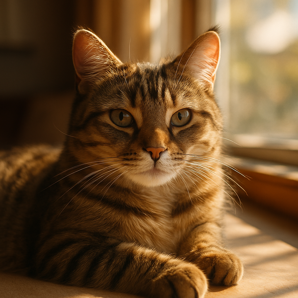Tabby cat napping on a sunlit windowsill