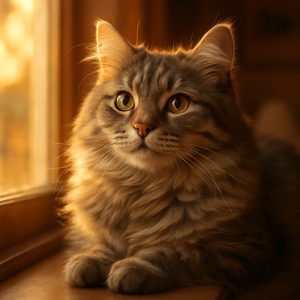 A fluffy gray tabby cat on a windowsill basking in sunlight.