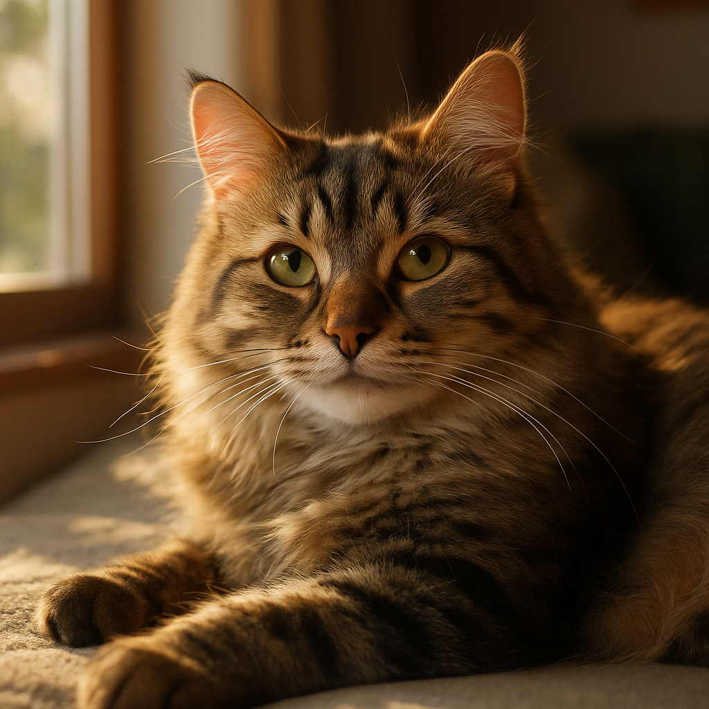 A fluffy tabby cat napping in a sunbeam on a window seat.