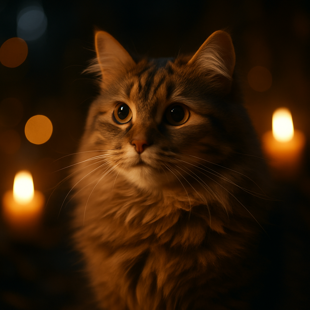 A curious cat exploring a moonlit garden.