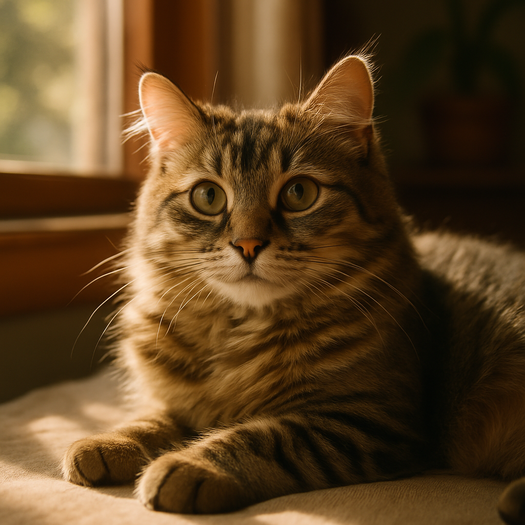 A tabby cat lounging in a sunbeam by a window
