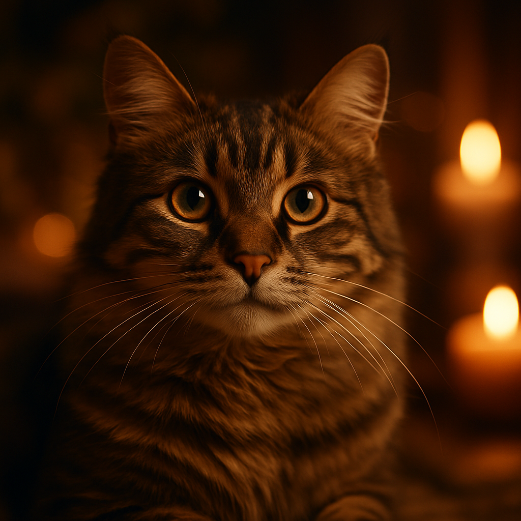 A tabby cat and a black cat under a moonlit garden.