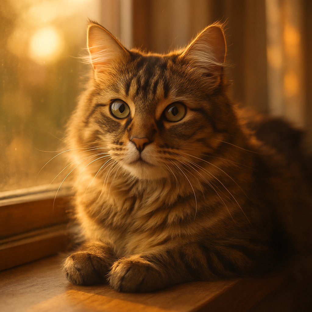 A tabby cat enjoying morning sunshine on a windowsill