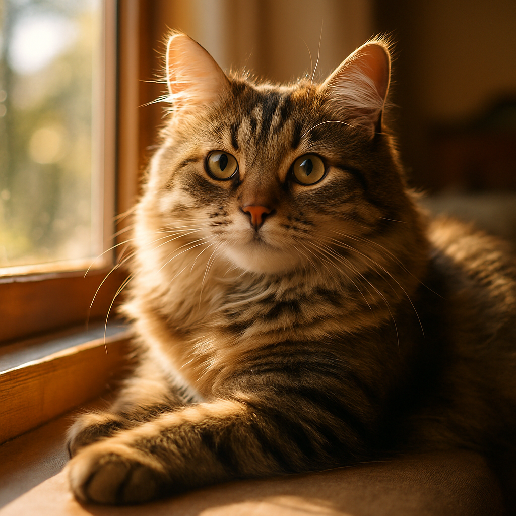 A tabby cat lounging on a sunny windowsill