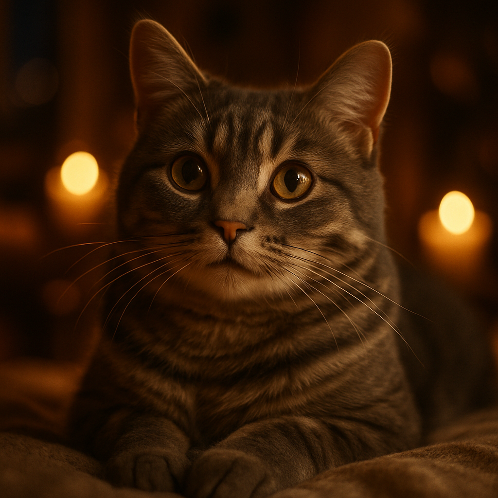 Gray tabby cat chasing fireflies in a moonlit garden