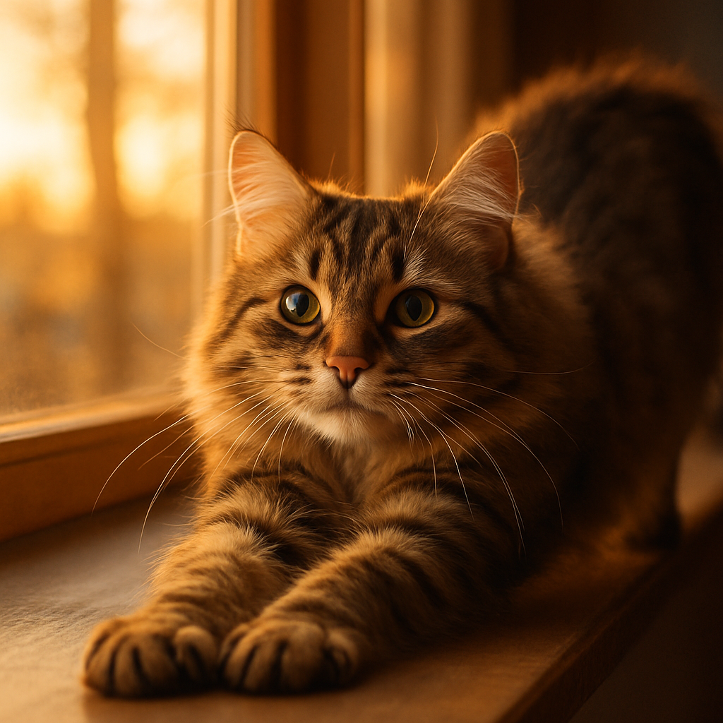 A tabby cat stretching in the morning sunlight on a windowsill