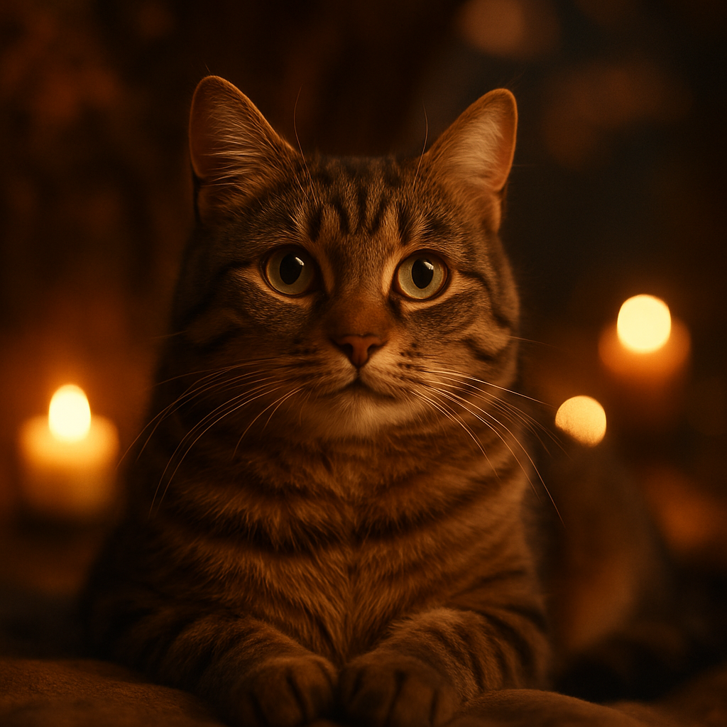 A tabby cat sitting under an old oak tree at dusk.