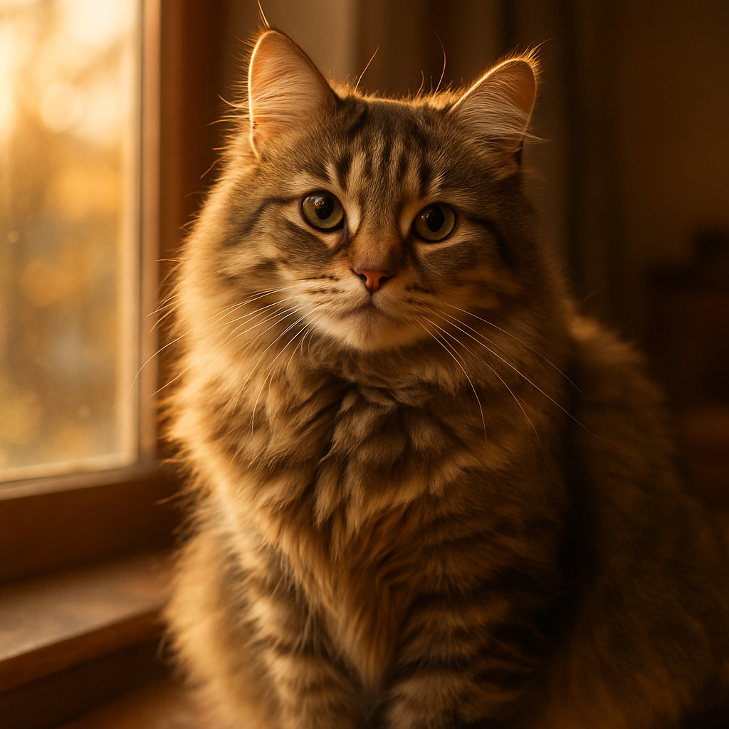 A fluffy tabby cat enjoys morning sun on a windowsill.