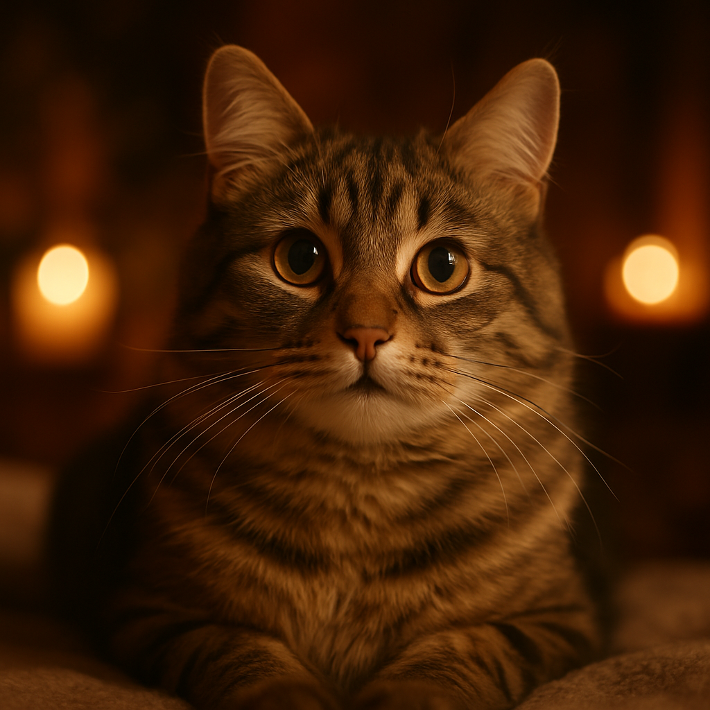 A playful tabby cat exploring a moonlit garden.