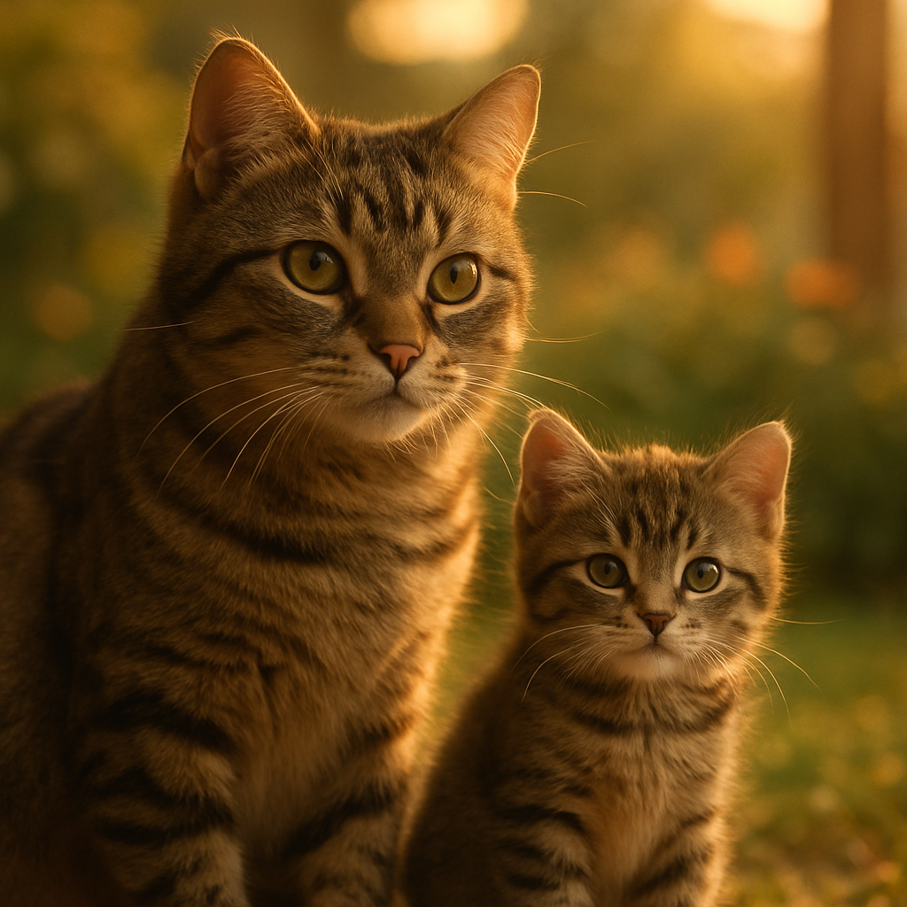 A tabby cat and a kitten sitting together in a garden.
