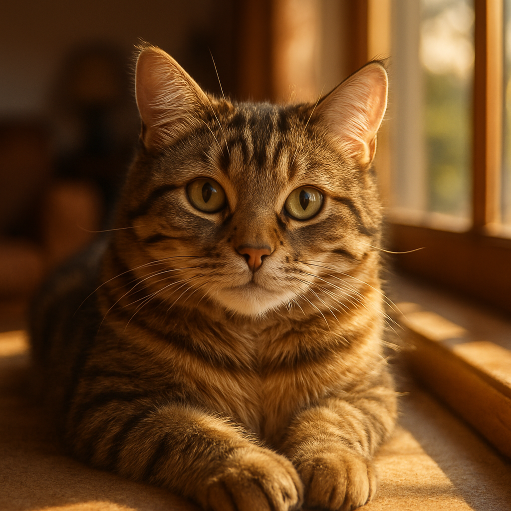Tabby cat lounging in a sunbeam on a windowsill.