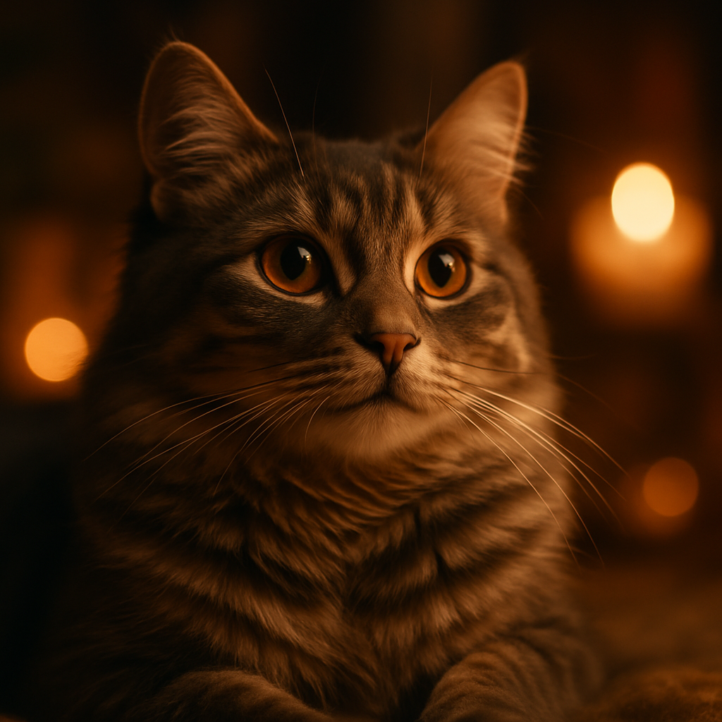 A gray tabby cat exploring a moonlit garden with fireflies.