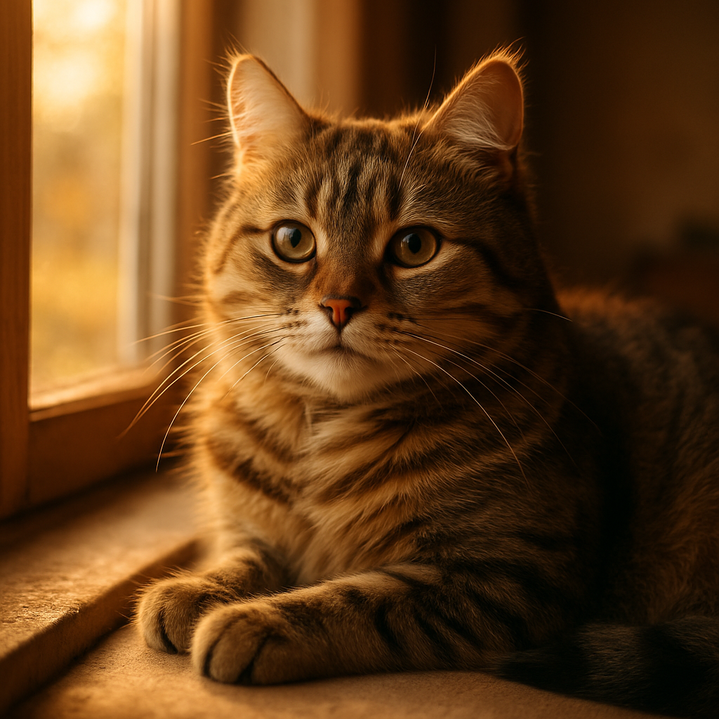 Content tabby cat basking in morning sunlight on a windowsill