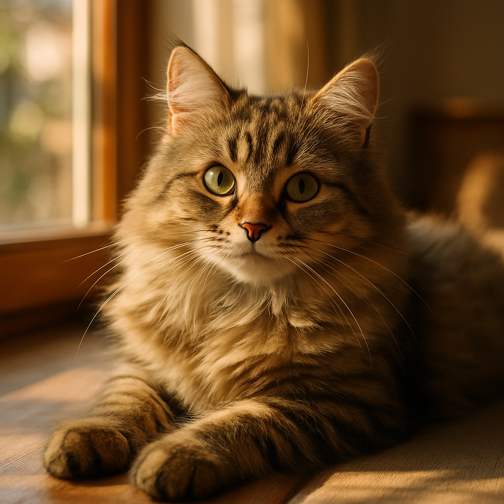 Fluffy tabby cat lounging on a sunny window sill.