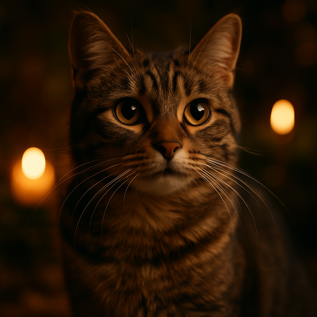 A tabby cat exploring a garden at night.