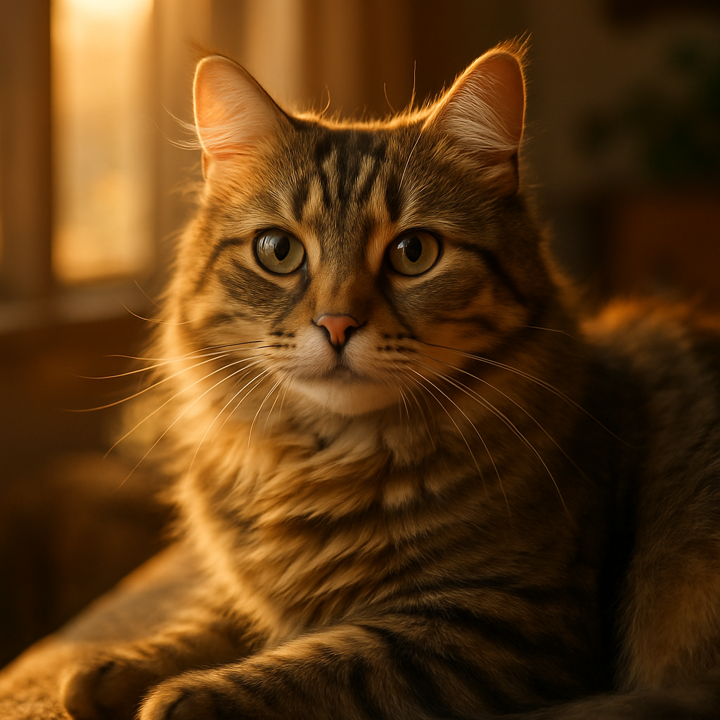 Tabby cat basking in morning sunlight