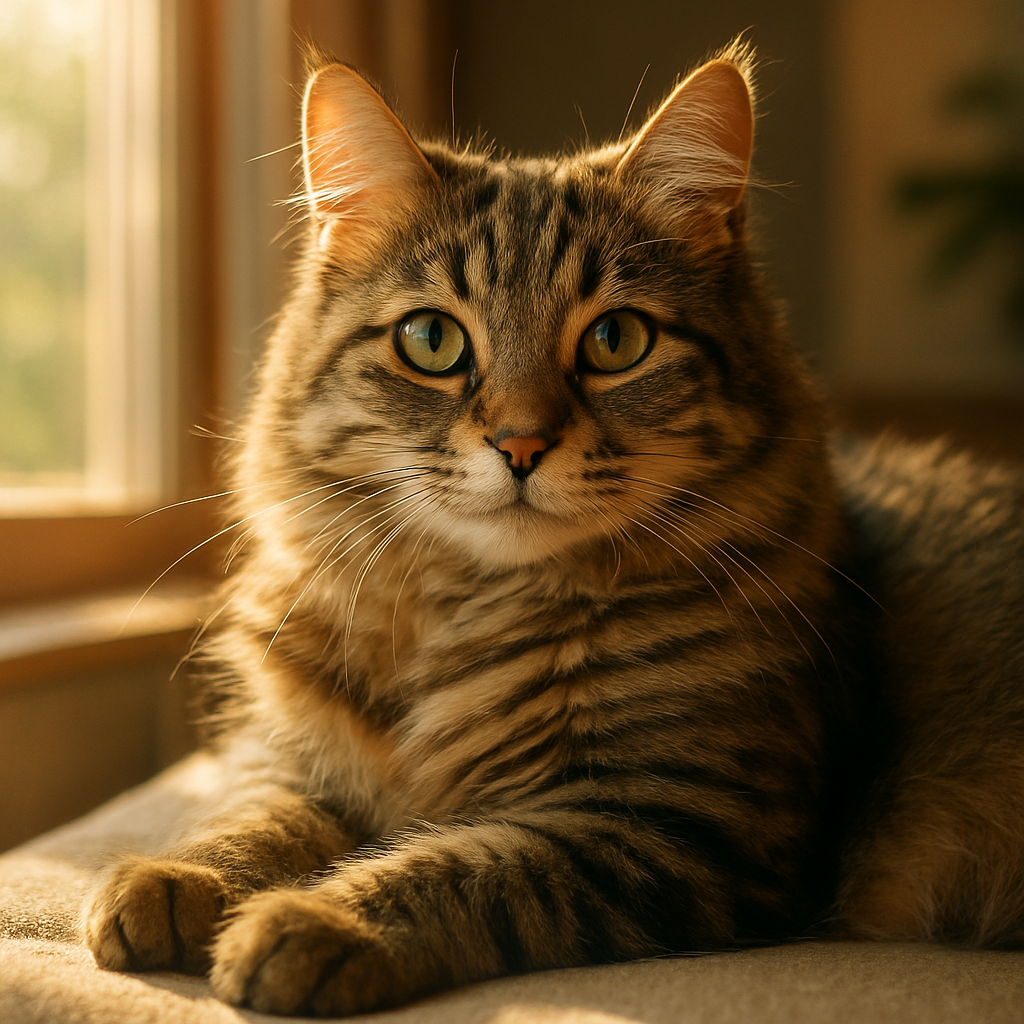 A tabby cat lounging in a sunny window perch.