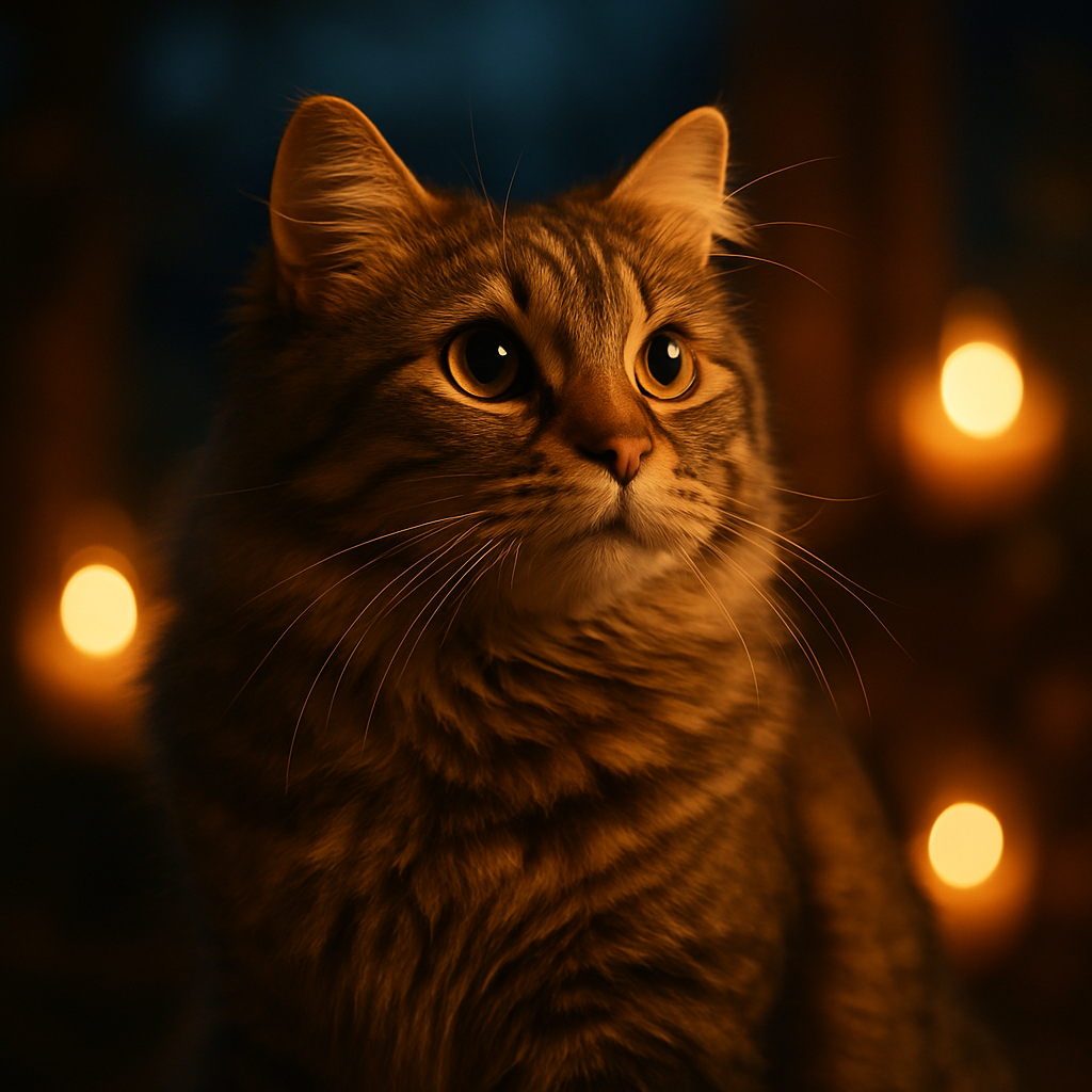 A tabby cat exploring a moonlit garden at night.