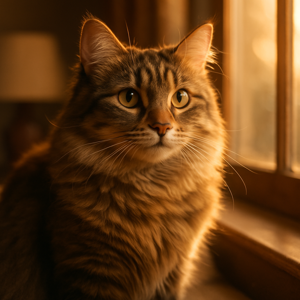Tabby cat basking in morning sunlight on a windowsill