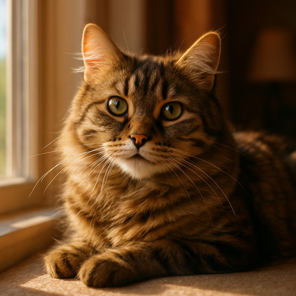 A tabby cat basking in sunbeam on a windowsill.