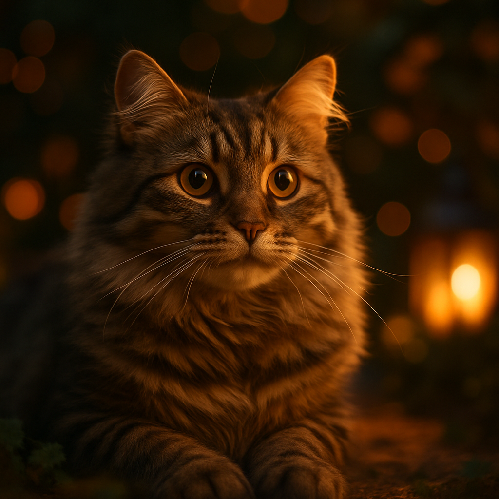 A fluffy tabby cat in a charming evening garden.