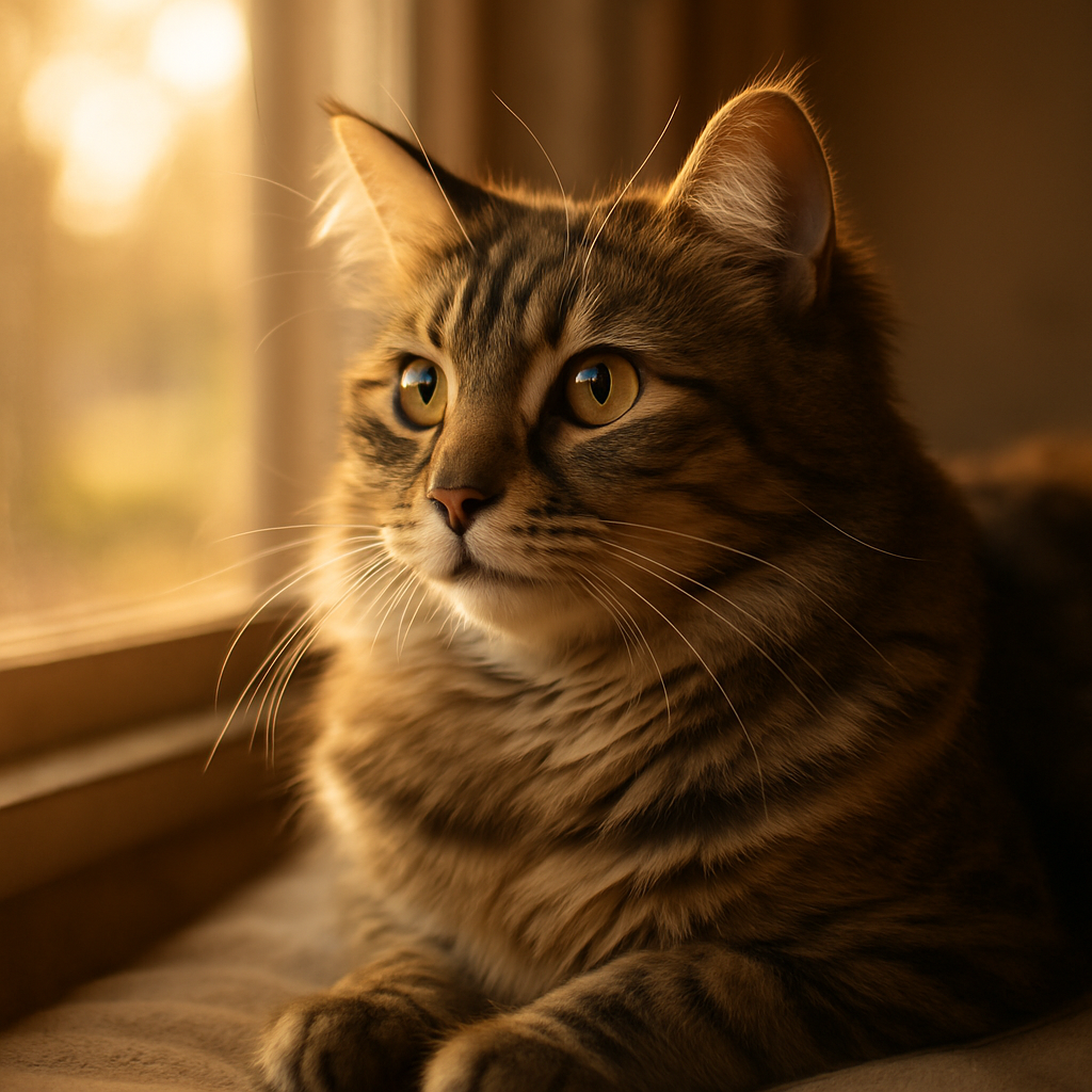 Tabby cat gazing out of a window in the morning light