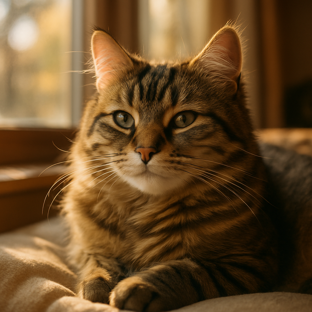 A tabby cat napping on a sunny windowsill.