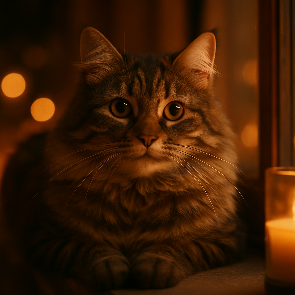 A fluffy tabby cat lounging on a windowsill at twilight.