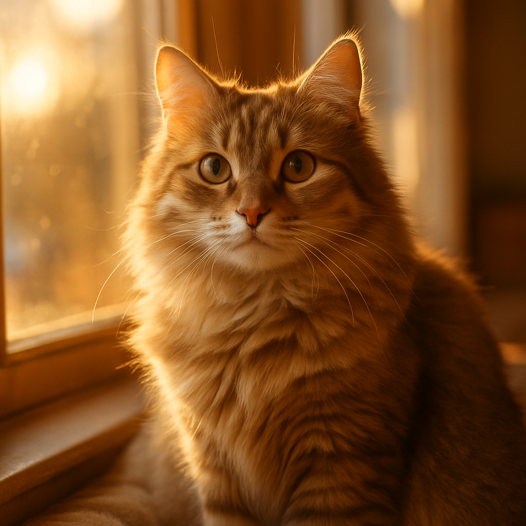 A content cat sitting by a sunlit window