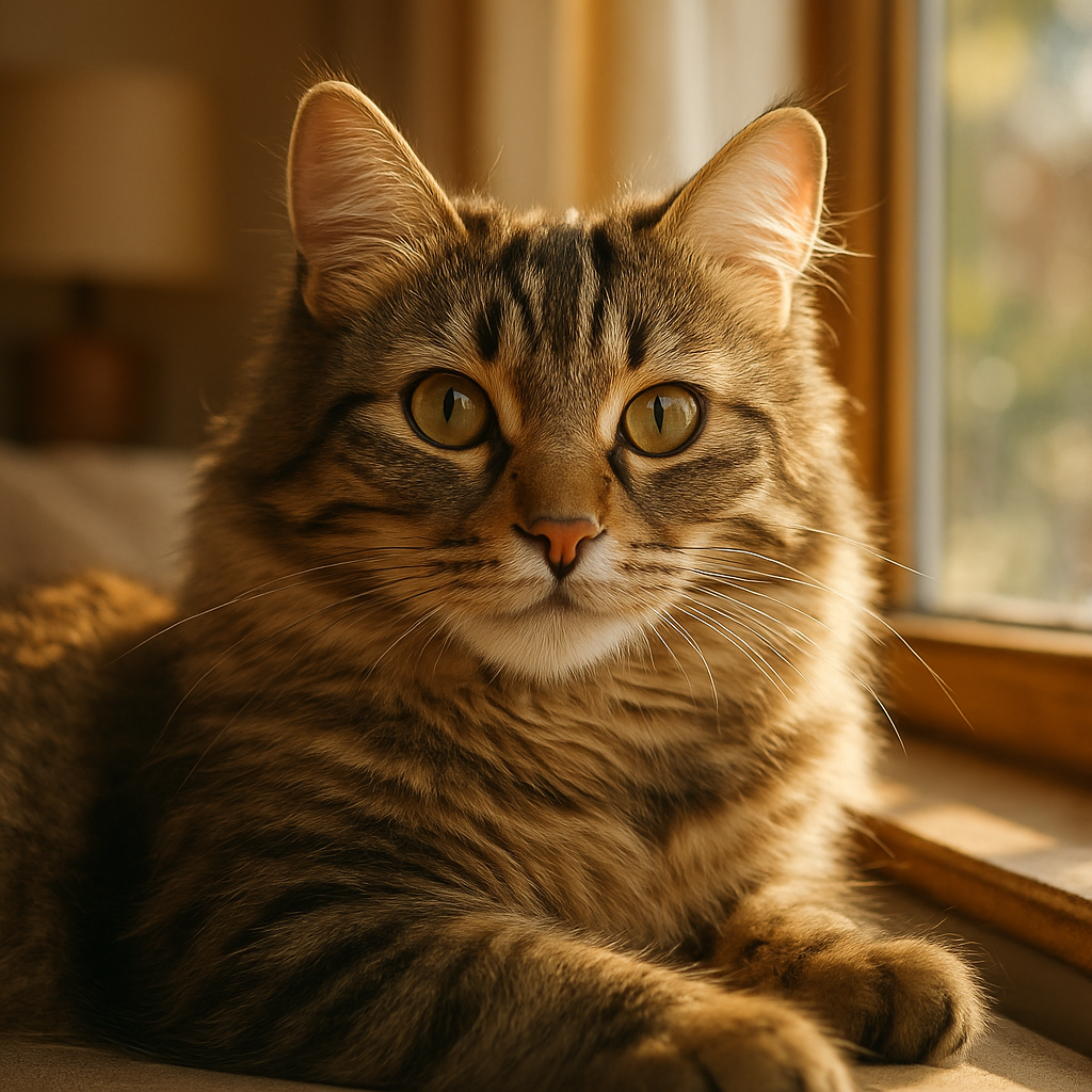 A tabby cat lounging on a sunny windowsill.