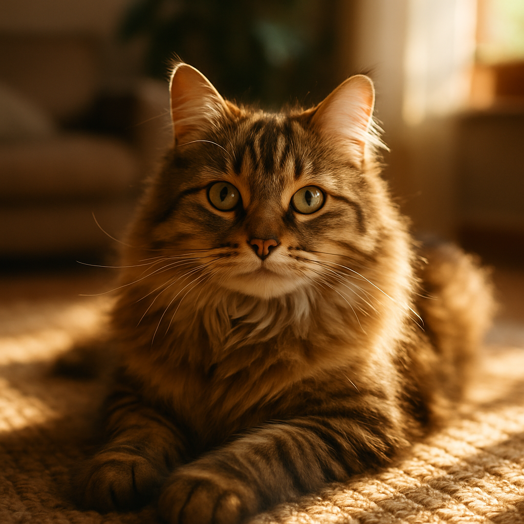 A fluffy tabby cat lounging in a sunbeam on a cozy rug.