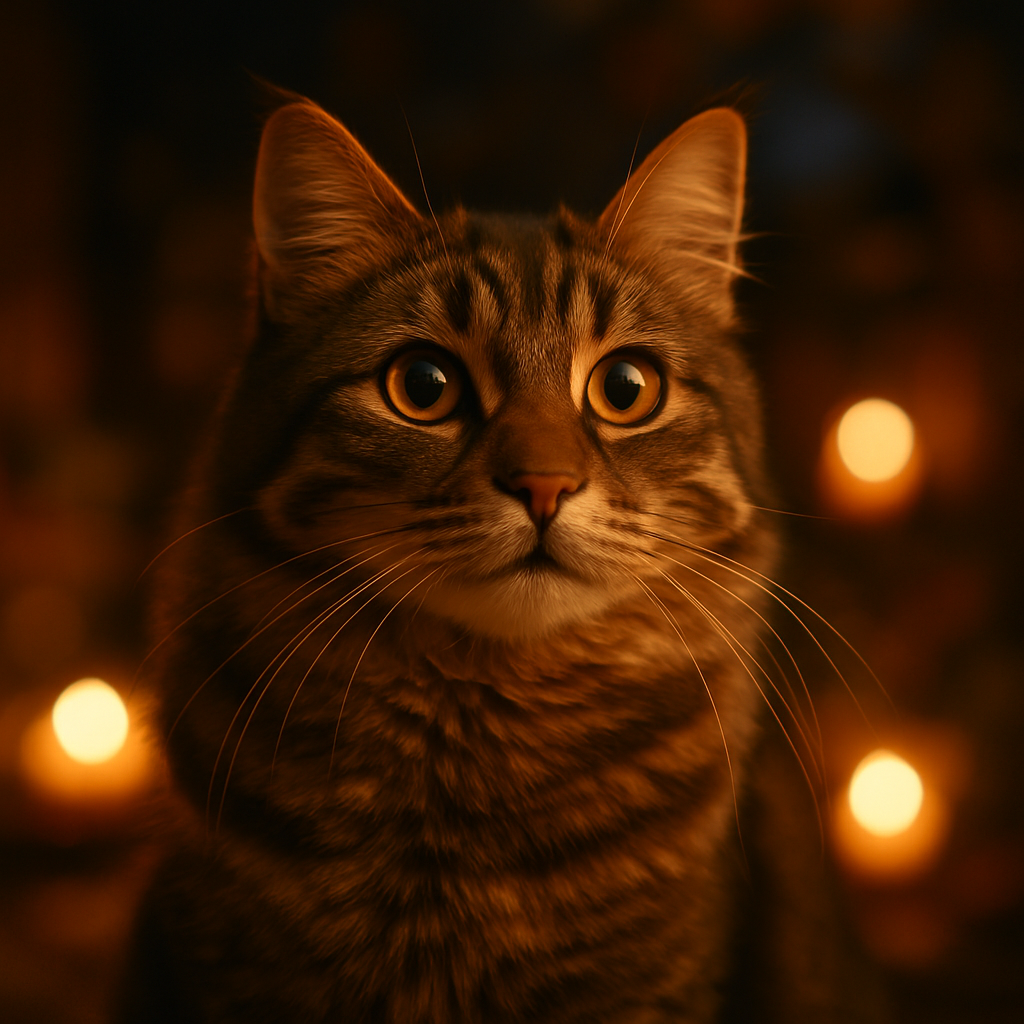 A tabby cat exploring a garden under the moonlight.